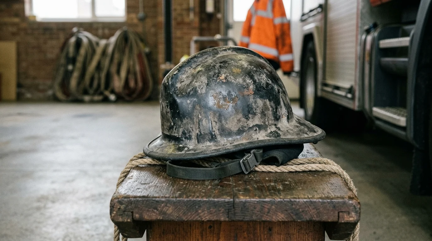 A firefighting helmet resting in a station house.