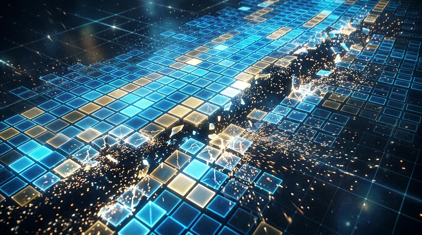 An abstract grid layout with glowing and dissolving puzzle tiles.