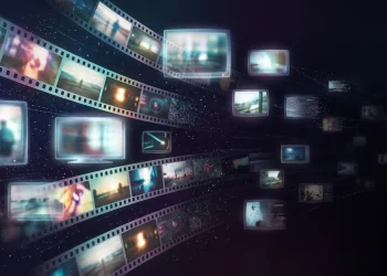 A conceptual illustration of film strips and media icons fading out to represent content leaving a streaming service.