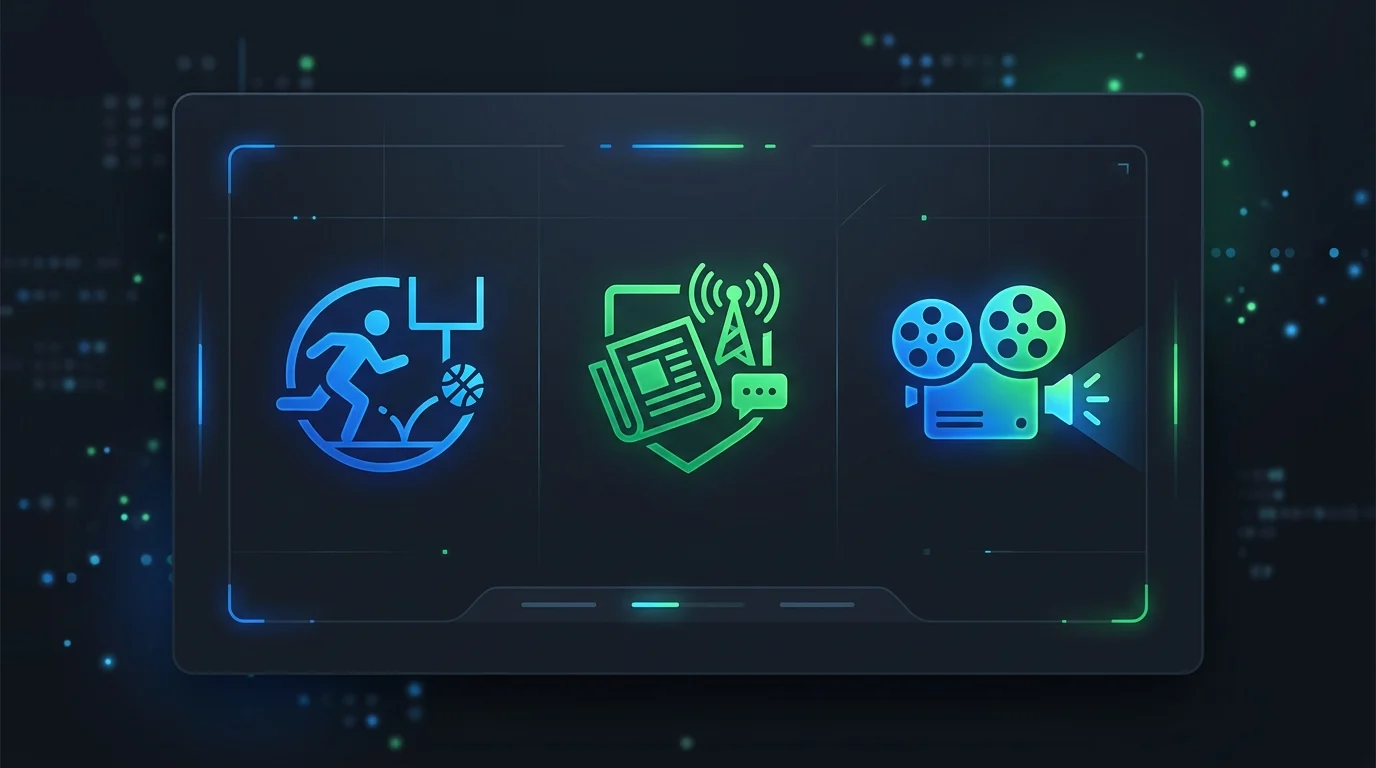 A minimalist graphic of a streaming interface with icons for sports and news.