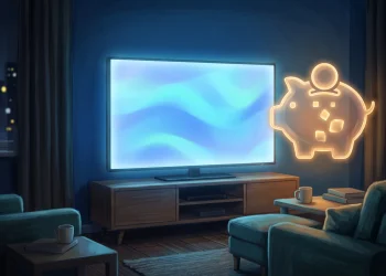 A conceptual illustration representing streaming budget savings with a glowing television and a digital piggy bank.