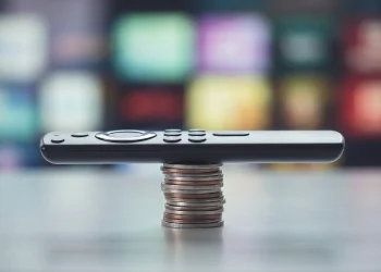 A conceptual photo of a TV remote on top of coins representing streaming service costs.