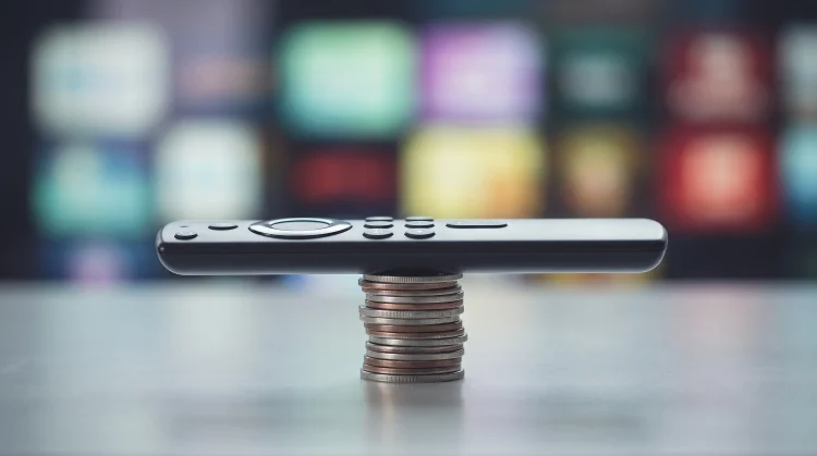 A conceptual photo of a TV remote on top of coins representing streaming service costs.