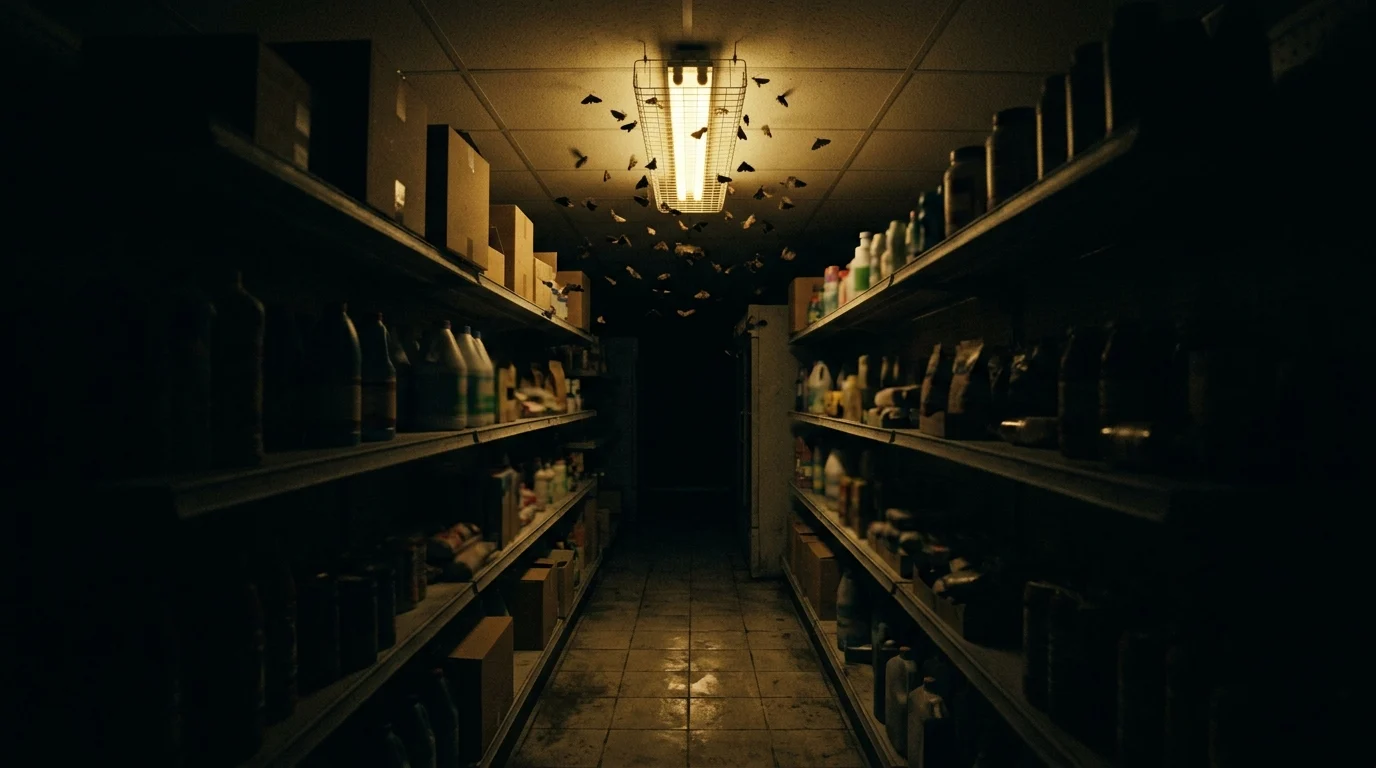 A dark store aisle with shadowy moths and an ominous atmosphere.