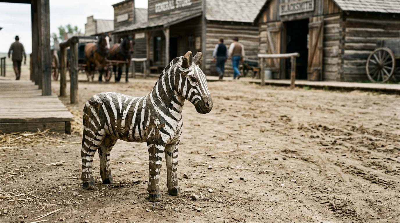 A horse painted to look like a zebra in a historical Western setting.
