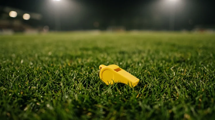 A close-up of a coach's whistle on a football pitch.