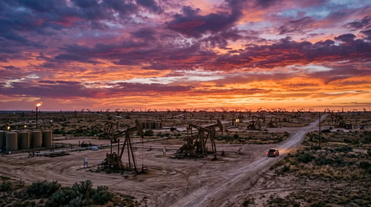 A vast West Texas oil field with machinery operating at sunset.