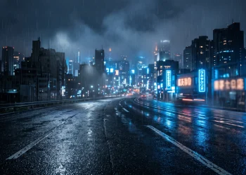 Conceptual atmospheric night shot of a dark urban road with blue neon lighting.