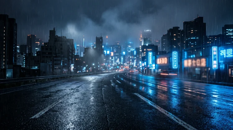 Conceptual atmospheric night shot of a dark urban road with blue neon lighting.