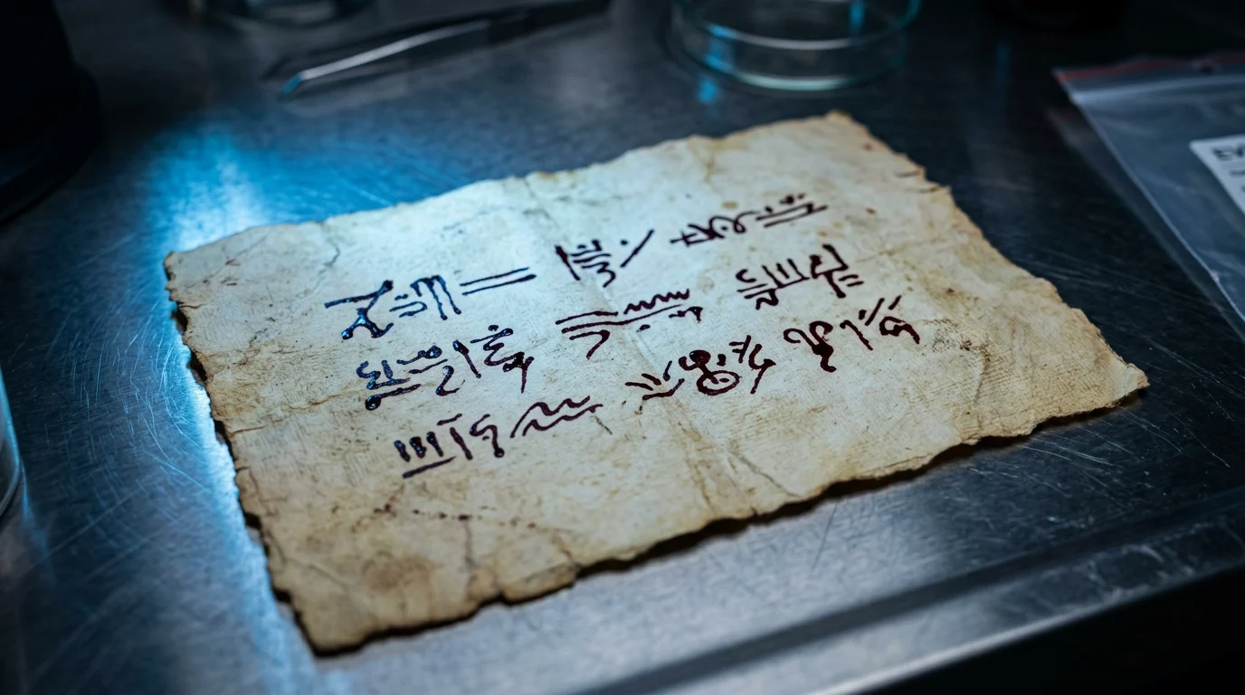A close-up conceptual shot of a cryptic message written in dark red ink.