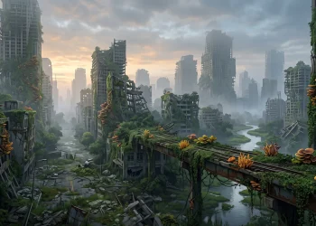 A conceptual post-apocalyptic city reclaimed by nature.
