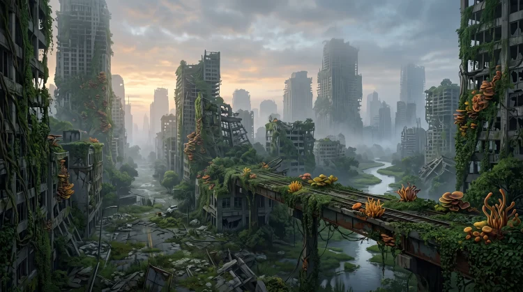 A conceptual post-apocalyptic city reclaimed by nature.