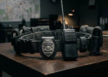 A police officer's duty belt and radio in cinematic lighting.