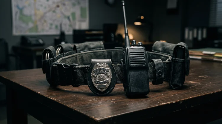 A police officer's duty belt and radio in cinematic lighting.