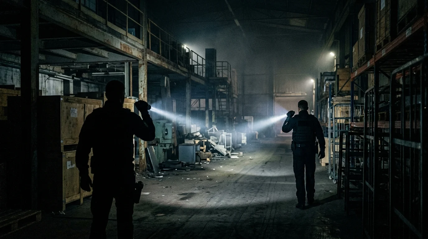 Flashlights illuminating a dark industrial space, conceptual for a police search.