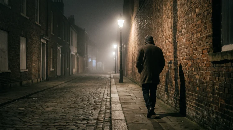 A silhouette of a person walking through a foggy alleyway at night.
