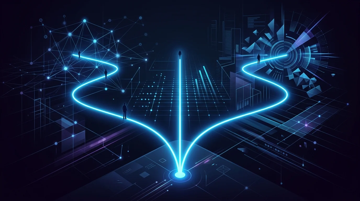 Three neon pathways diverging in a dark digital space.
