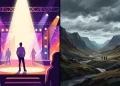 Conceptual illustration representing reality television and prestige drama.