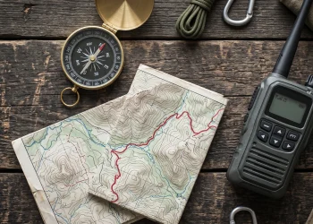 A compass and map on a wooden surface representing the survivalist themes of the series .