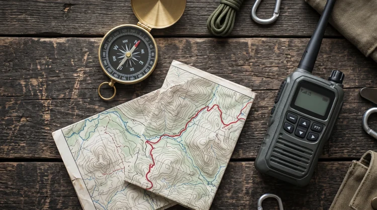 A compass and map on a wooden surface representing the survivalist themes of the series .