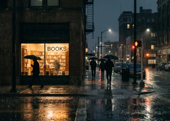 A moody, cinematic street scene at night representing the Tulsa noir aesthetic.