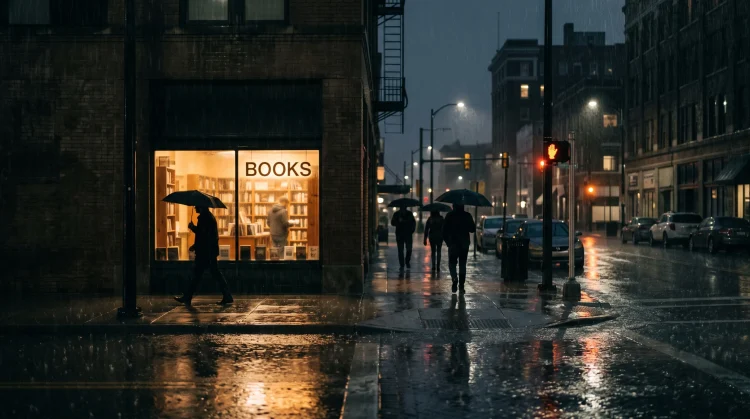 A moody, cinematic street scene at night representing the Tulsa noir aesthetic.