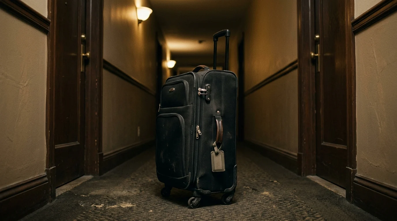 A suitcase stands between two doors in a conceptual representation of a double life.