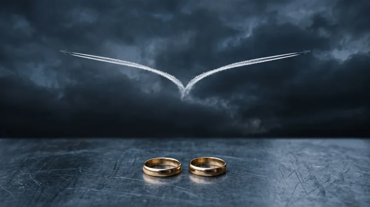 A conceptual image of a plane trail splitting and two wedding rings representing a double life.