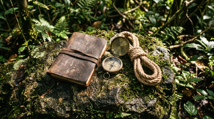 A conceptual arrangement of treasure hunting equipment including a leather journal and a brass compass on a jungle rock.
