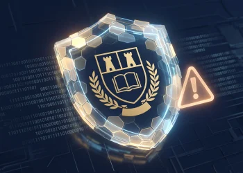A conceptual illustration of a university shield and digital security warning signs.
