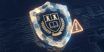 A conceptual illustration of a university shield and digital security warning signs.
