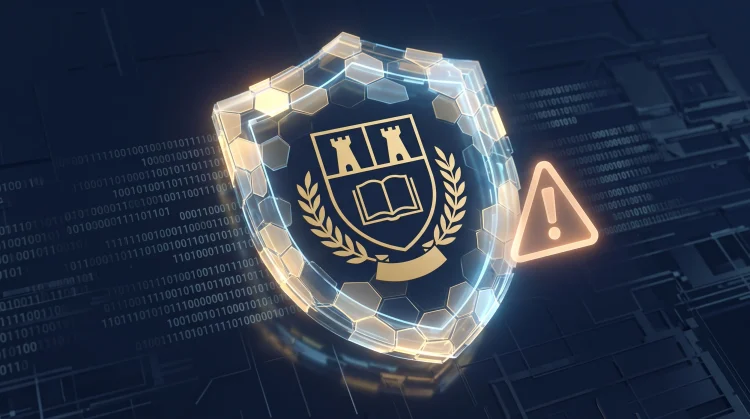 A conceptual illustration of a university shield and digital security warning signs.