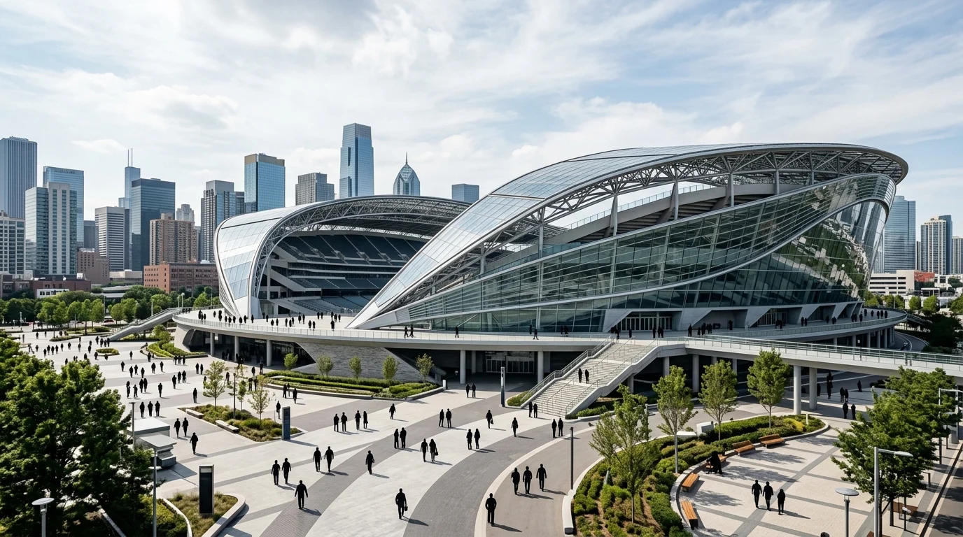 Modern stadium architecture in an urban setting.