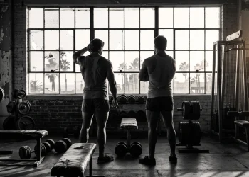 Conceptual silhouette of two action icons in a vintage bodybuilding gym.
