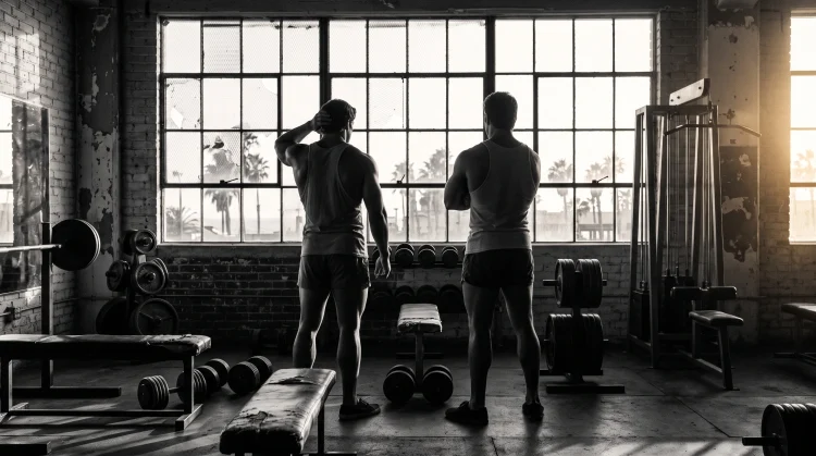 Conceptual silhouette of two action icons in a vintage bodybuilding gym.