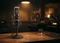 A vintage radio microphone in a studio setting.