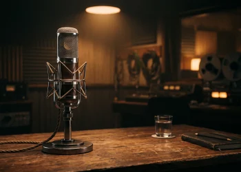 A vintage radio microphone in a studio setting.