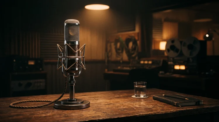 A vintage radio microphone in a studio setting.