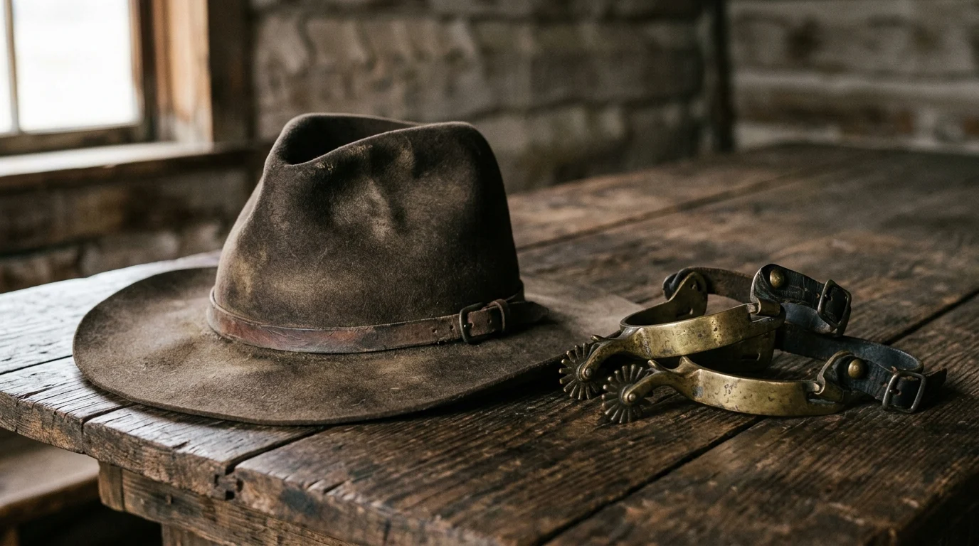 A close-up of a vintage 19th-century cowboy hat and spurs on a wooden table.