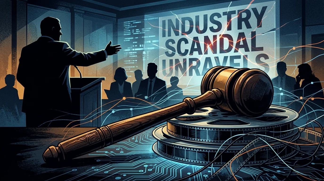 Conceptual art of a gavel and film reels.