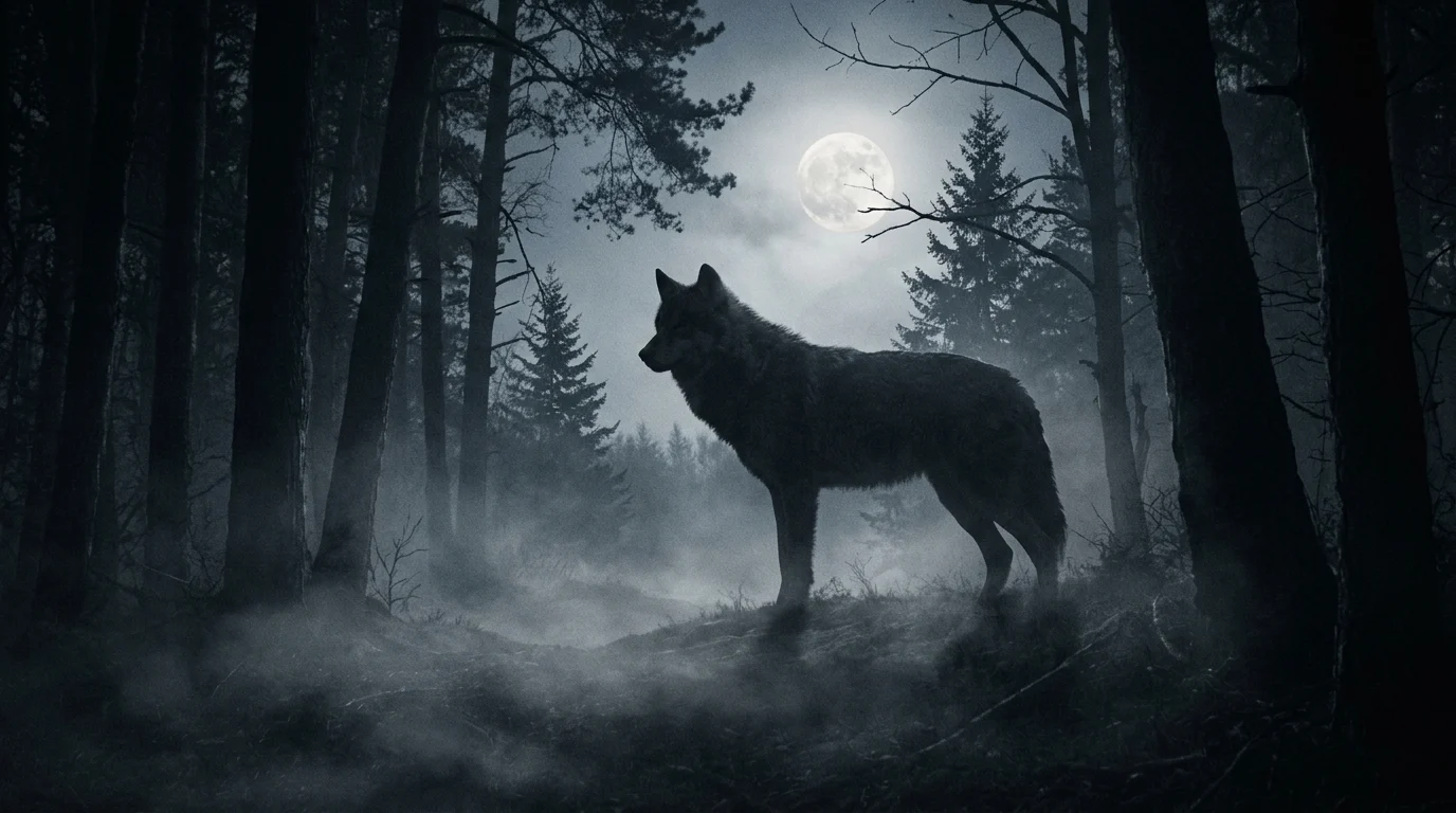 A large shadowy silhouette of a wolf in a dark forest under a full moon.