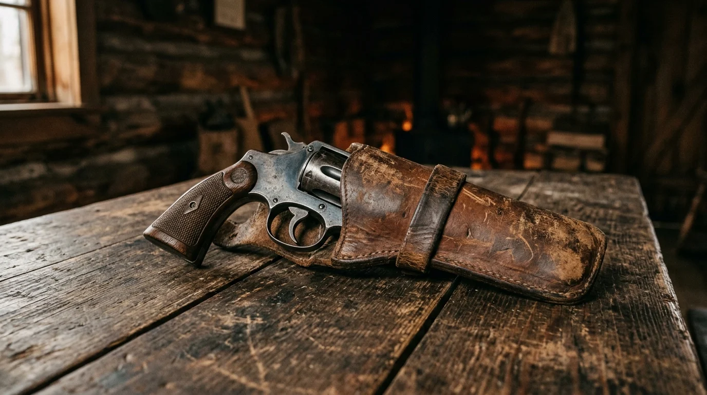 A close-up of a vintage revolver and leather holster on a rustic wooden table.
