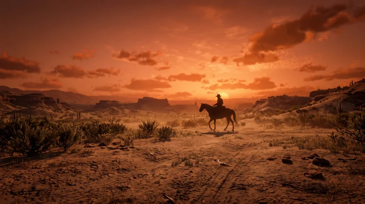 A silhouette of a lone cowboy in a vast desert landscape under a sunset sky.