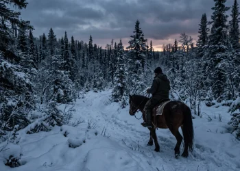 A lone rider on horseback in a snow-covered forest during a cold winter evening.