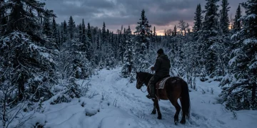 A lone rider on horseback in a snow-covered forest during a cold winter evening.
