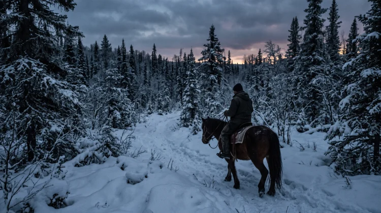 A lone rider on horseback in a snow-covered forest during a cold winter evening.