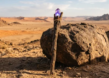 A wooden wizard staff in a desert setting.