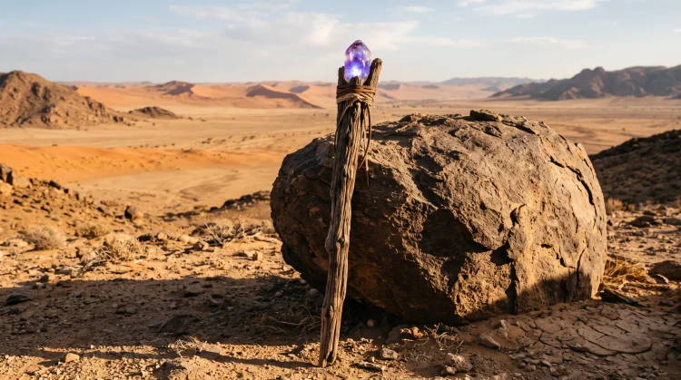 A wooden wizard staff in a desert setting.